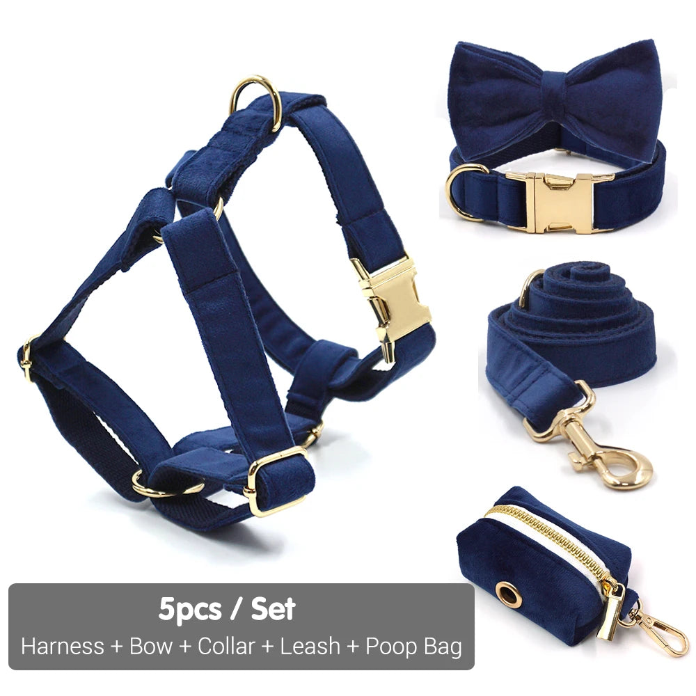 Personalized Deep Blue Velvet Dog Harness and Leash Set
