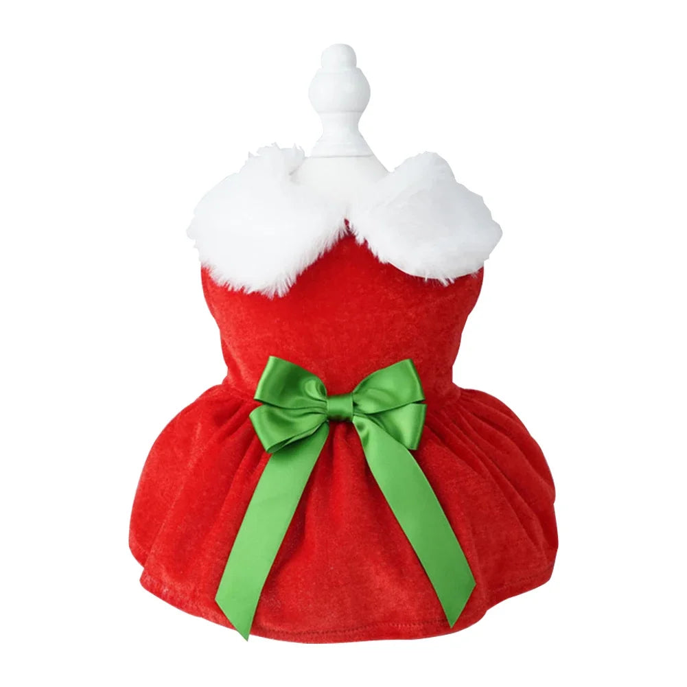 Red Christmas Dog Dress with Bow Skirt for Winter Wear