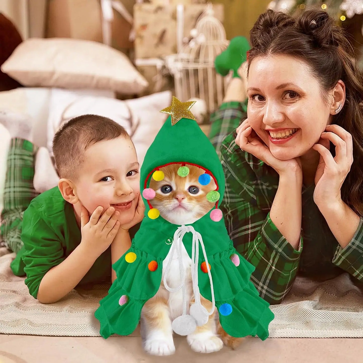 Green Pet Christmas Cloak with Hat and Pompoms for Dogs