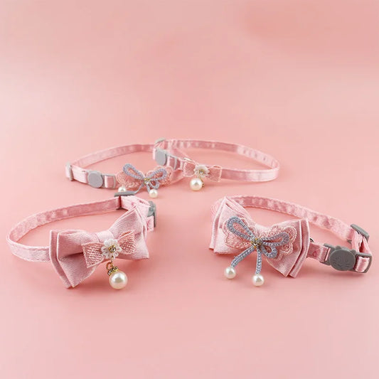 Pink Lace Bow Pet Collar with Beads and Bell for Cats and Dogs