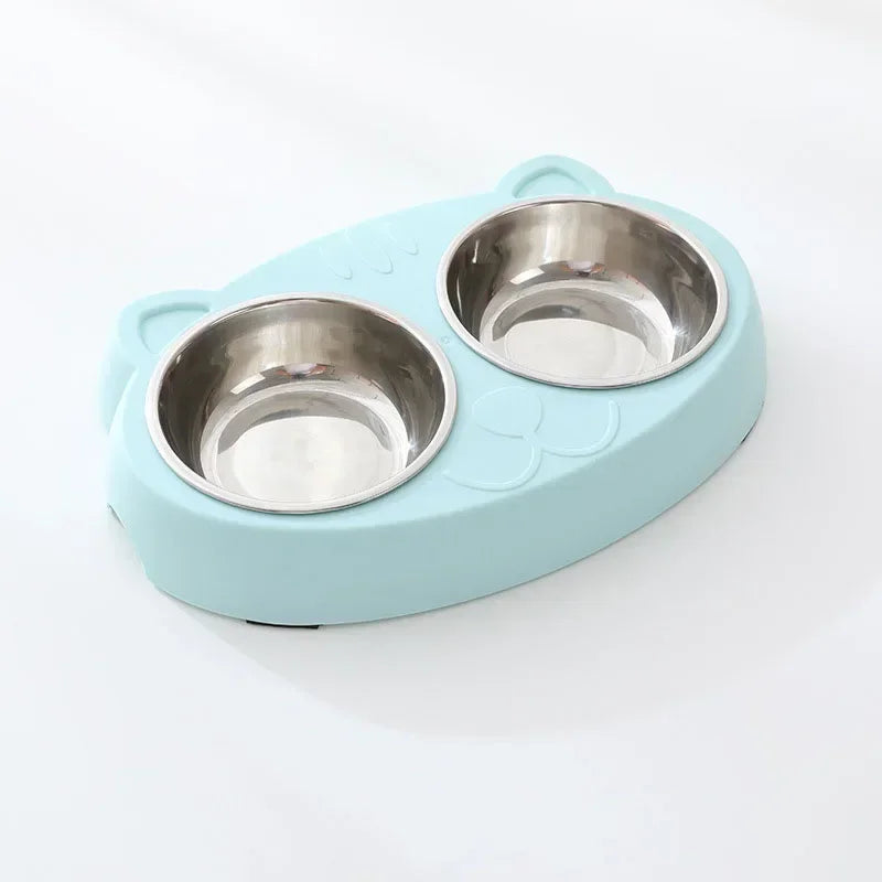 Cute Double Bowl Feeder for Cats and Dogs - Plastic Tray