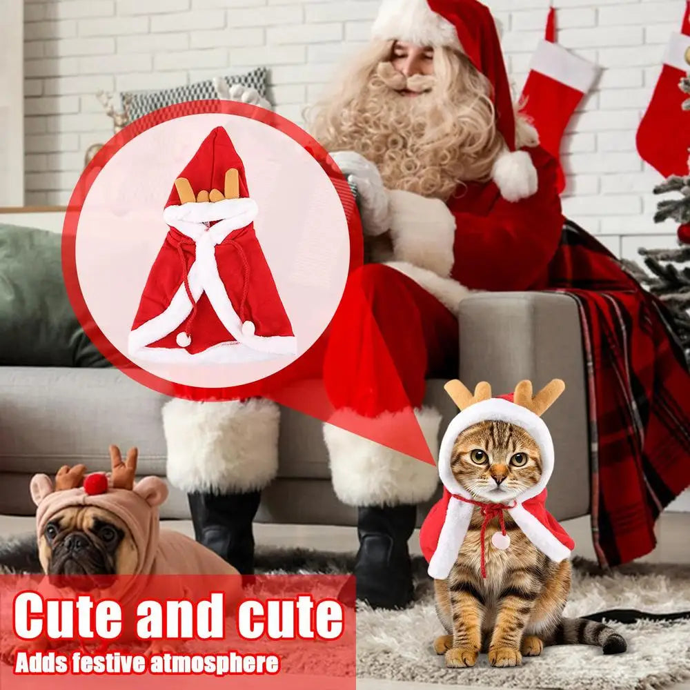 Santa Cape Costume for Cats and Dogs with Red Scarf