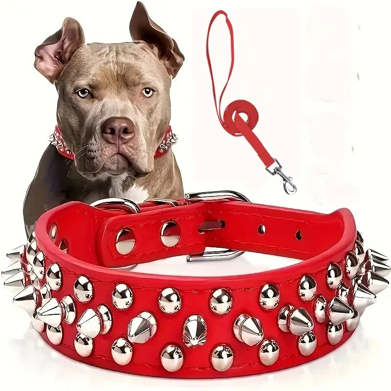 Spiked Leather Dog Collar and Leash Set for Walking