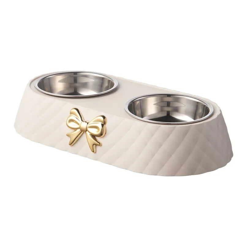 Double Dog and Cat Food and Water Bowl Set with Bowtie Design