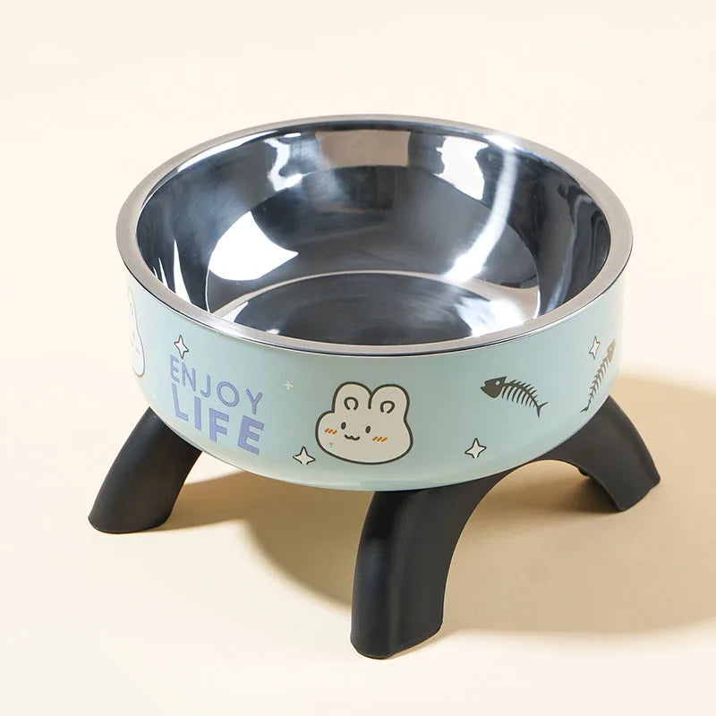 High-Legged Cartoon Pet Bowl, Stainless Steel, Large Capacity