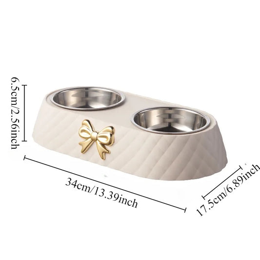 Double Dog and Cat Food and Water Bowl Set with Bowtie Design