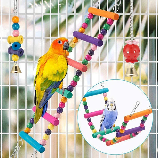 Chewable Wooden Parrot Swing and Toy Set - 11 Pieces