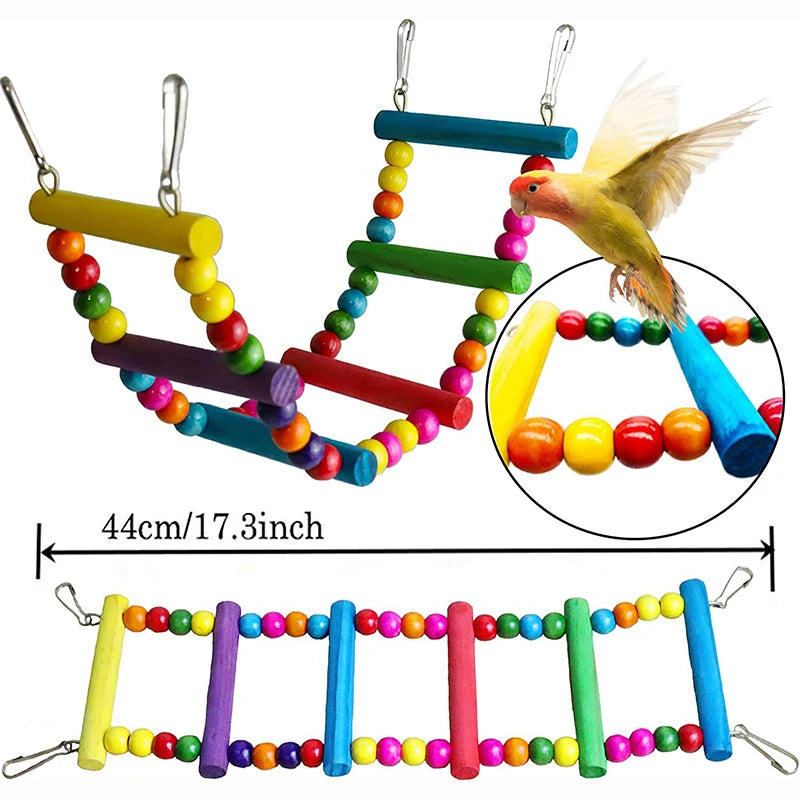 7-Piece Wooden Parrot Toy Set with Swings and Bells