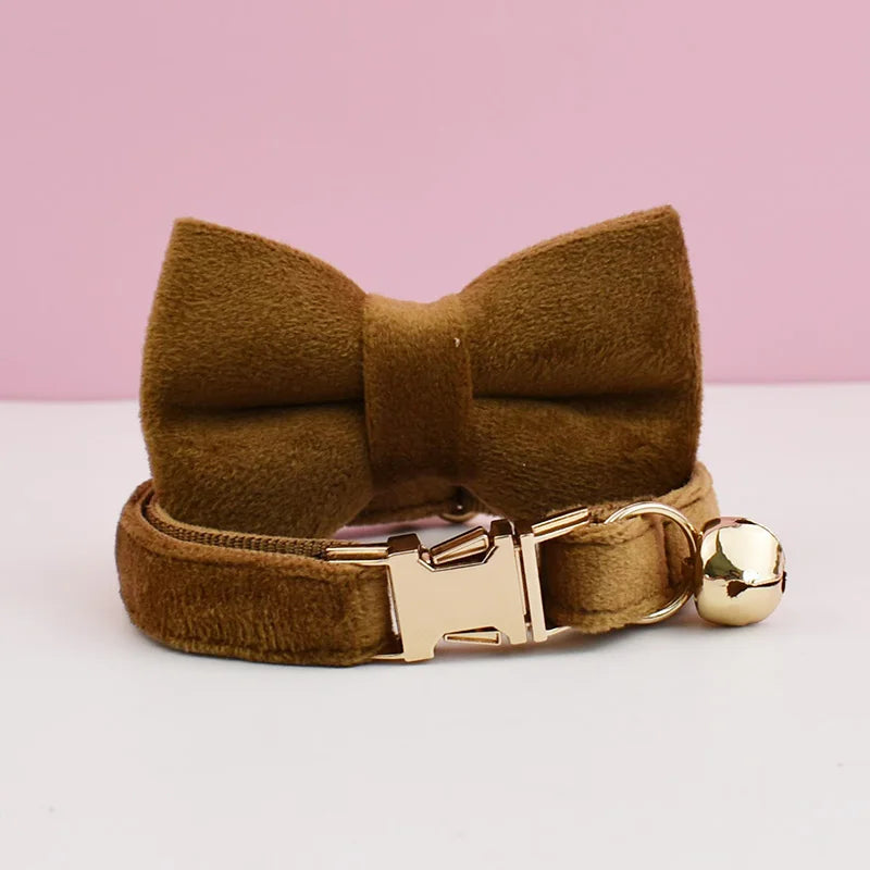 Personalized Velvet Cat Collar with Name Plate and Bow Tie