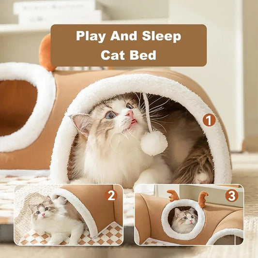 Reindeer-Themed Cat Tunnel Hideaway and Plush Bed