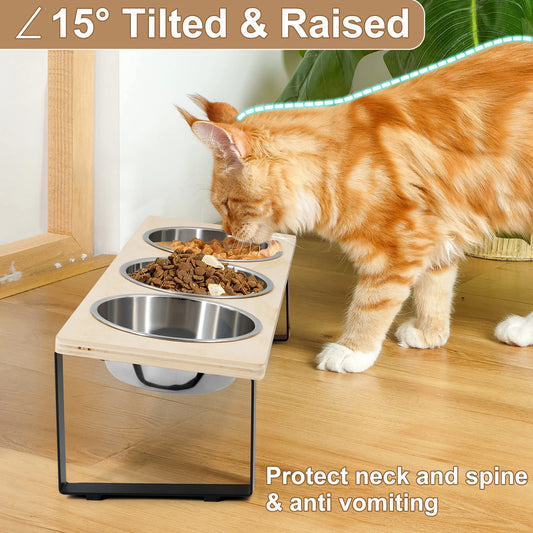 Tilted Raised Cat Feeder with 3 Stainless Steel Bowls