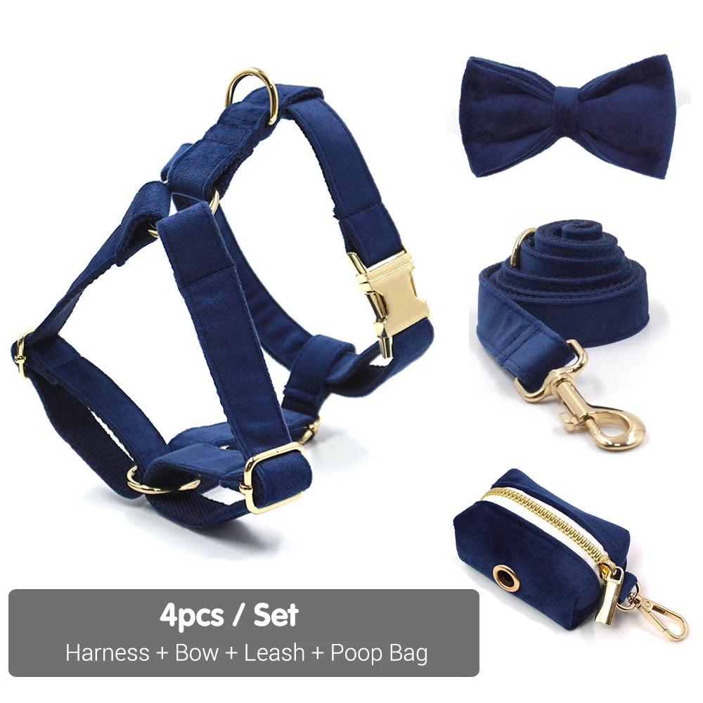 Personalized Deep Blue Velvet Dog Harness and Leash Set