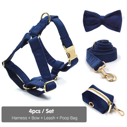 Personalized Deep Blue Velvet Dog Harness and Leash Set