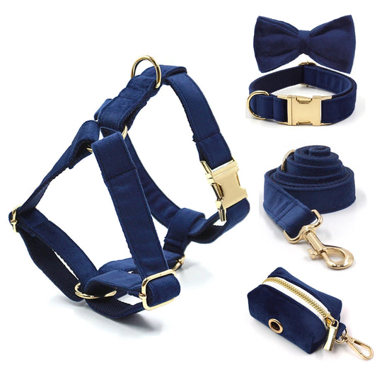 Personalized Deep Blue Velvet Dog Harness and Leash Set