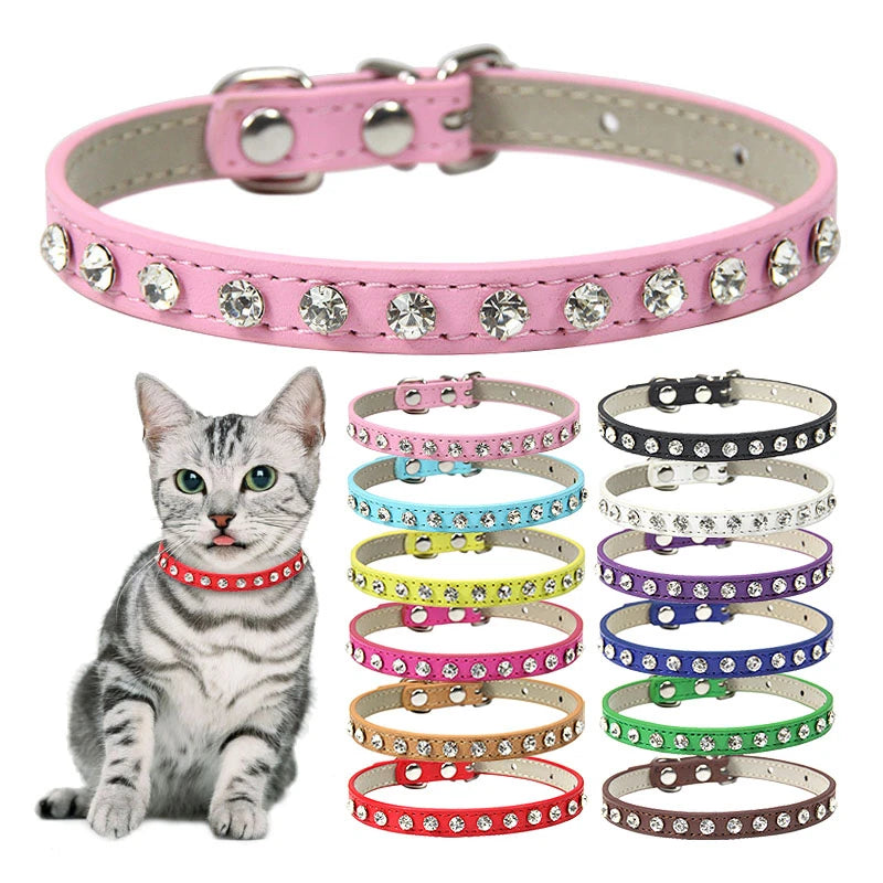 Rhinestone Cat Collar and Leather Dog Neck Strap