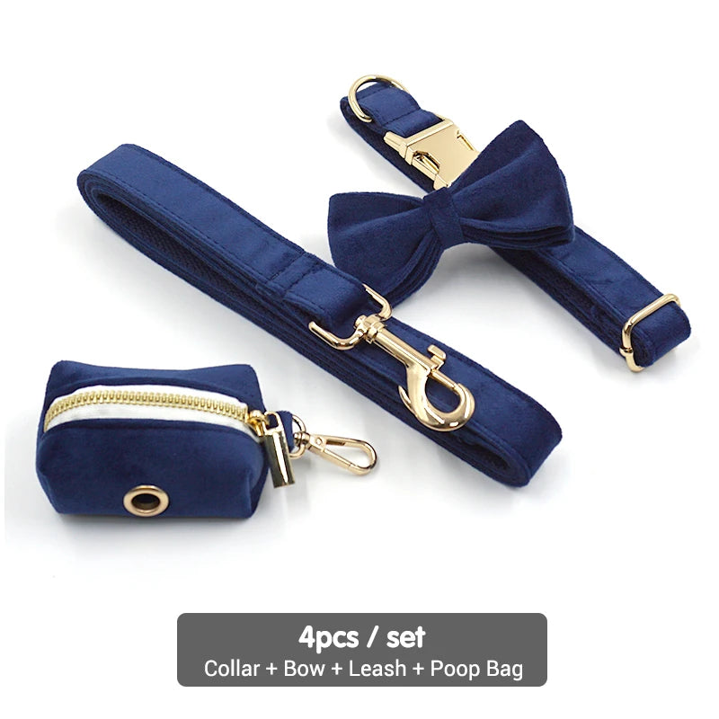 Personalized Deep Blue Velvet Dog Harness and Leash Set