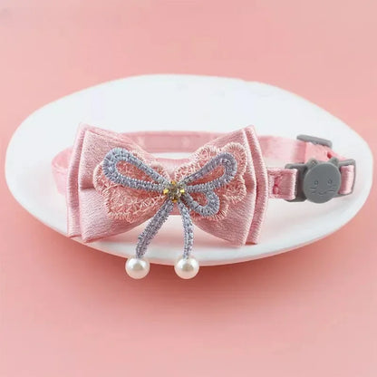 Pink Lace Bow Pet Collar with Beads and Bell for Cats and Dogs