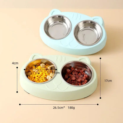 Cute Double Bowl Feeder for Cats and Dogs - Plastic Tray