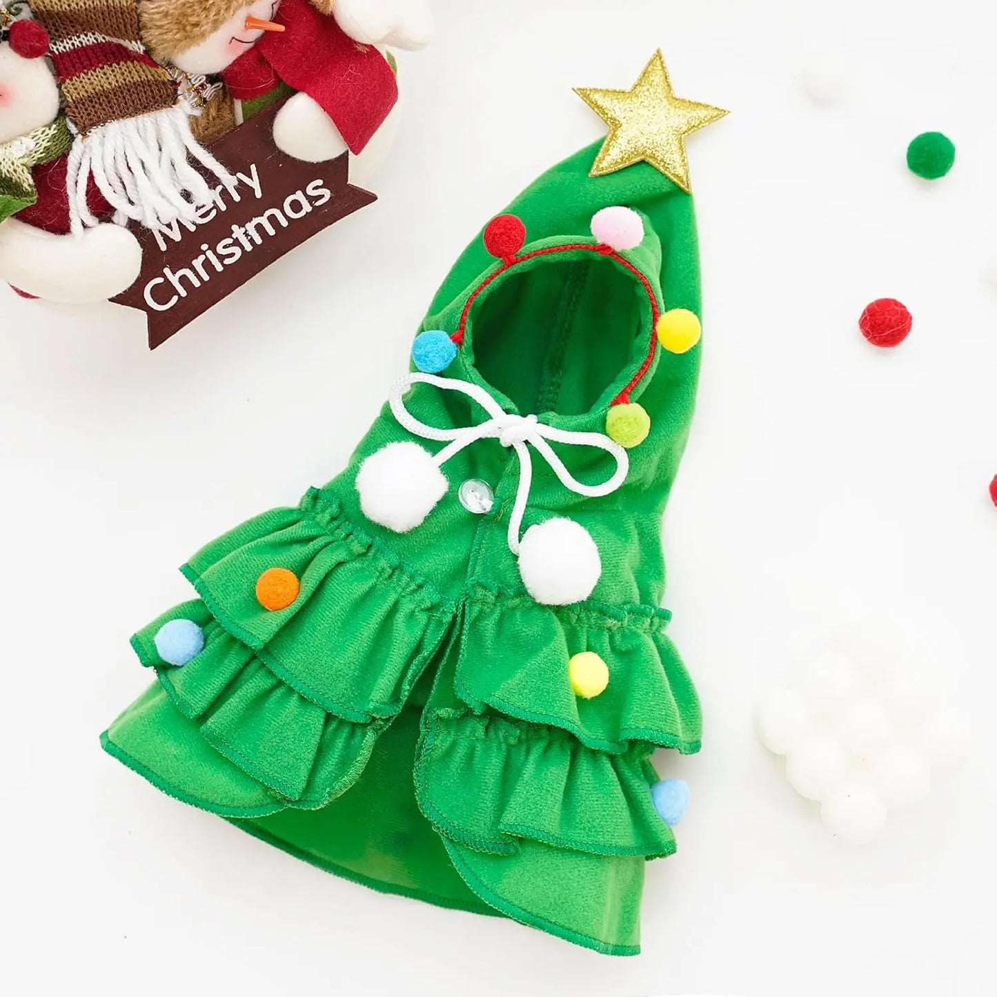Green Pet Christmas Cloak with Hat and Pompoms for Dogs