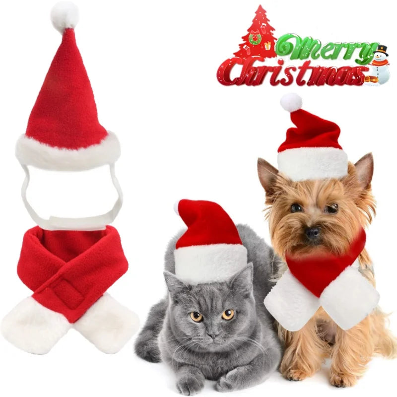Pet Christmas Hat and Scarf Set for Cats and Small Dogs