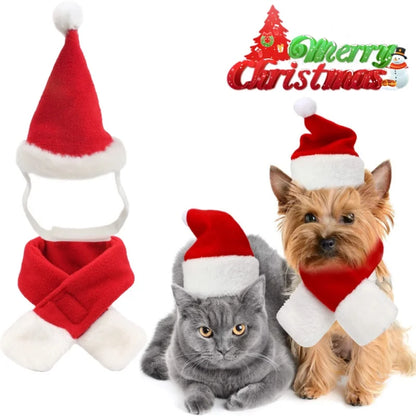 Pet Christmas Hat and Scarf Set for Cats and Small Dogs