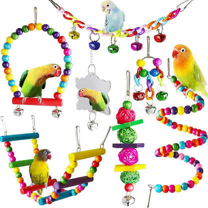 7-Piece Wooden Parrot Toy Set with Swings and Bells