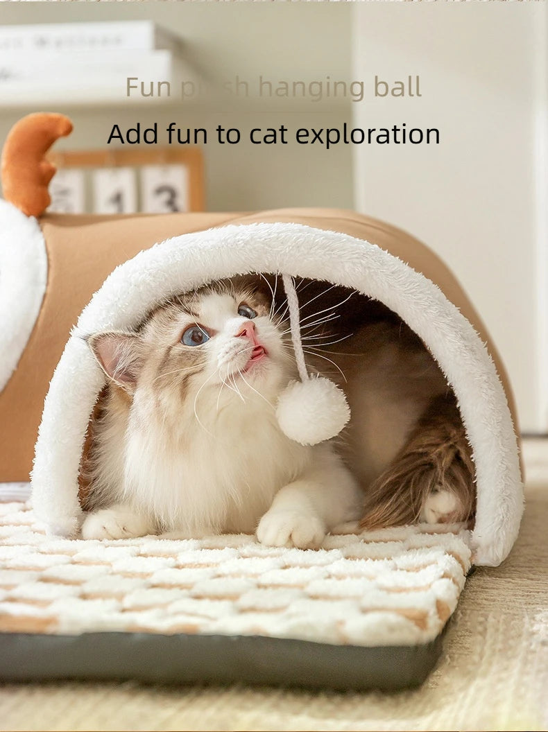 Reindeer-Themed Cat Tunnel Hideaway and Plush Bed