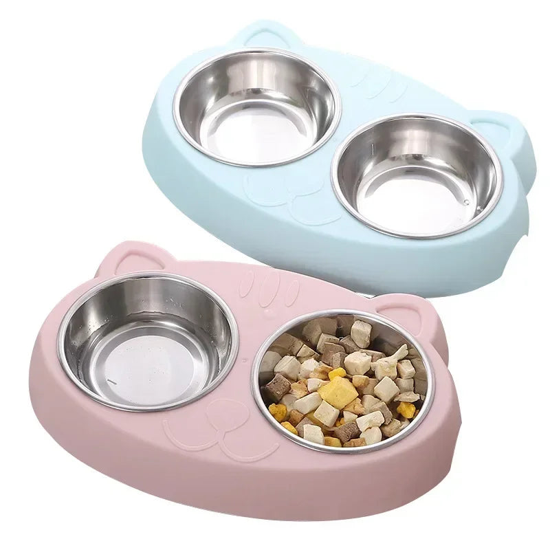 Cute Double Bowl Feeder for Cats and Dogs - Plastic Tray