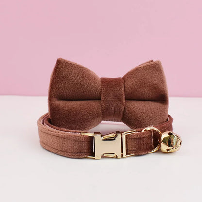 Personalized Velvet Cat Collar with Name Plate and Bow Tie