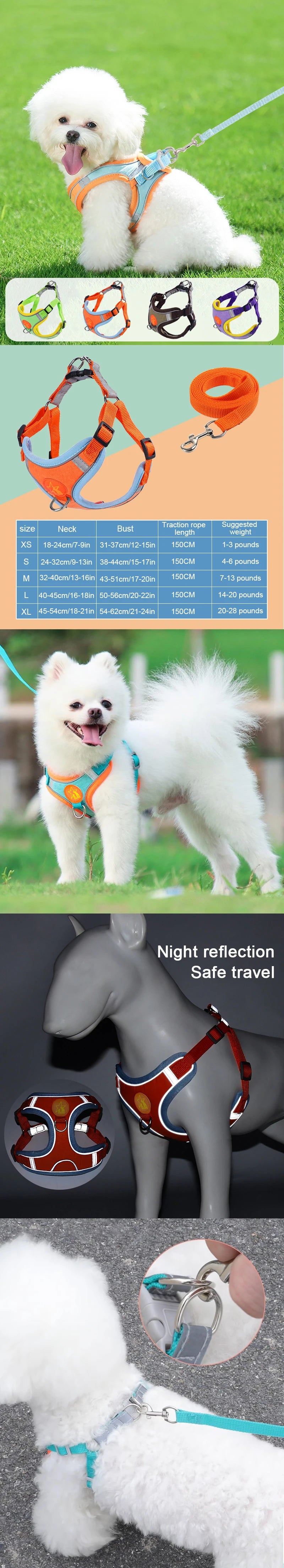 Reflective Chest Harness for Small Dogs with Traction Rope