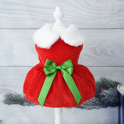 Red Christmas Dog Dress with Bow Skirt for Winter Wear