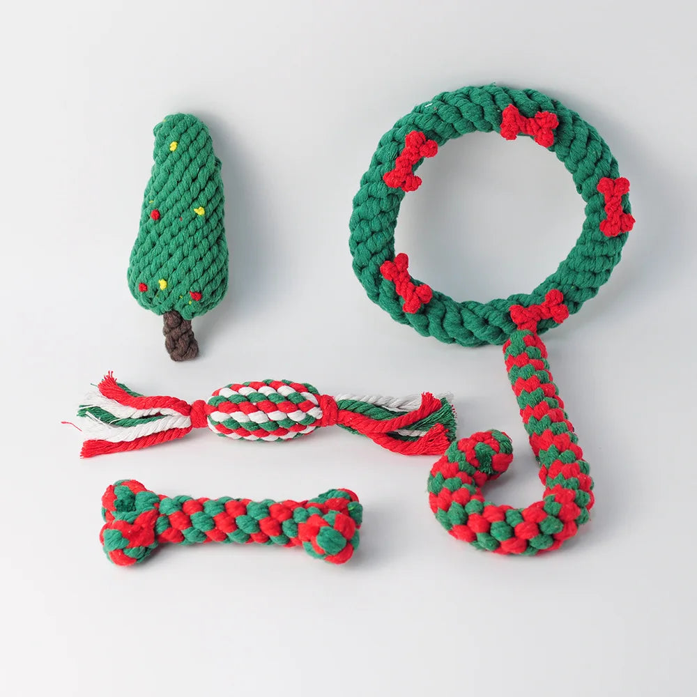Christmas Cotton Rope Dog Toy Set - Bite-Resistant & Interactive