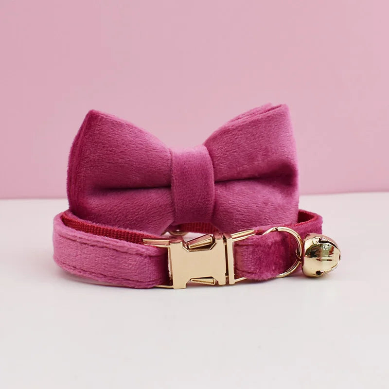 Personalized Velvet Cat Collar with Name Plate and Bow Tie