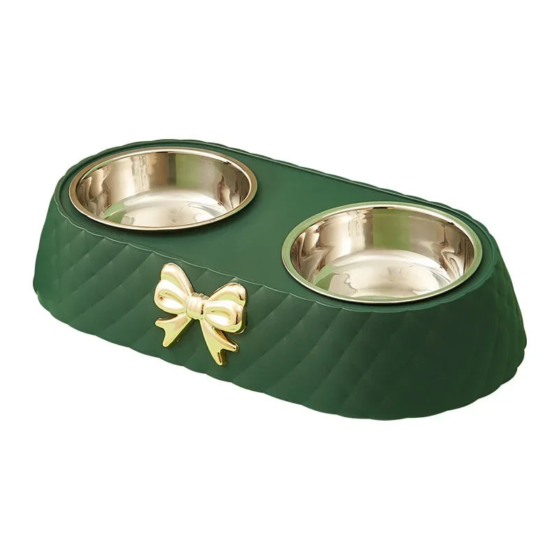 Double Dog and Cat Food and Water Bowl Set with Bowtie Design