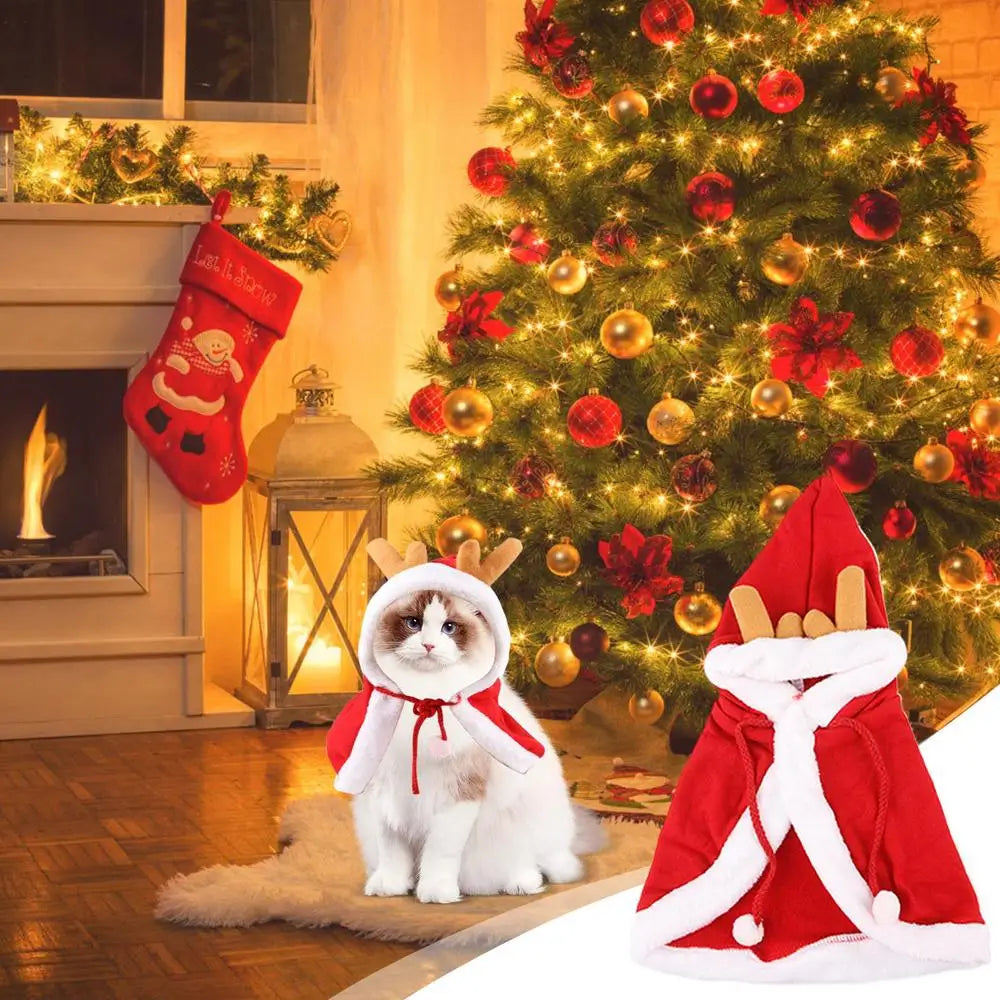 Santa Cape Costume for Cats and Dogs with Red Scarf