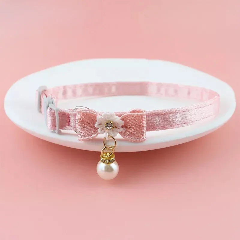 Pink Lace Bow Pet Collar with Beads and Bell for Cats and Dogs