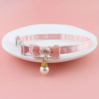 Pink Lace Bow Pet Collar with Beads and Bell for Cats and Dogs