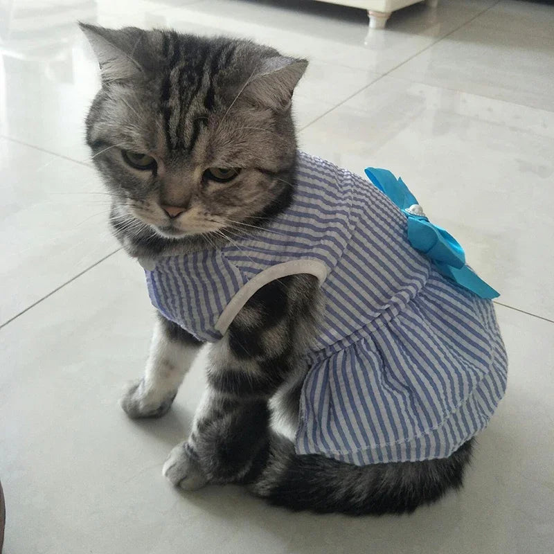 Striped Plaid Dress with Bow for Cats and Small Pets