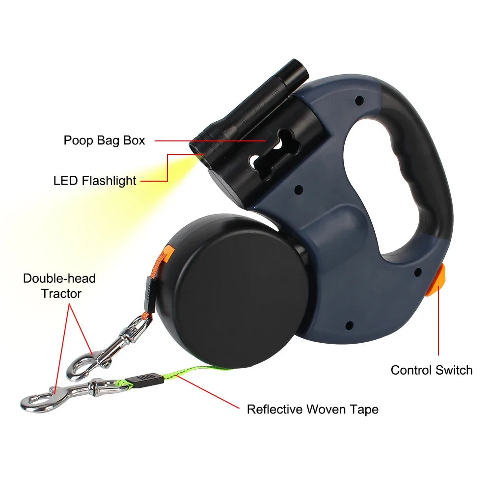 Reflective Retractable Double Dog Leash for Small Dogs