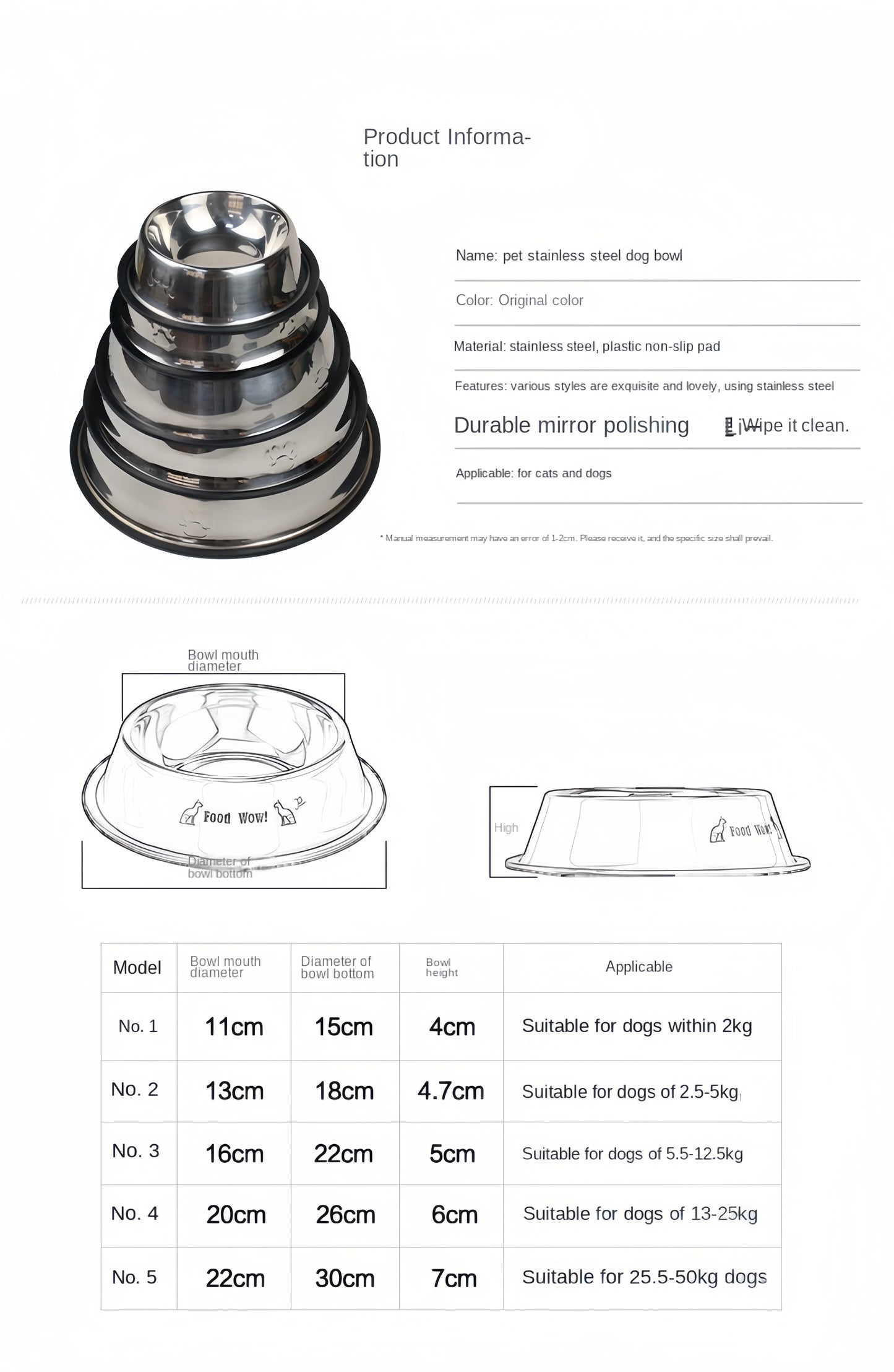 Stainless Steel Pet Feeding Bowl for Dogs and Cats - 6 Sizes