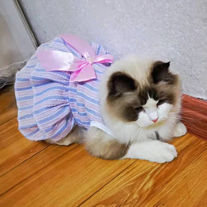 Striped Plaid Dress with Bow for Cats and Small Pets