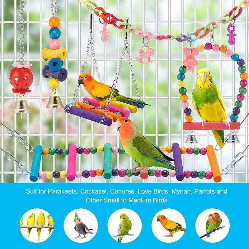 Chewable Wooden Parrot Swing and Toy Set - 11 Pieces