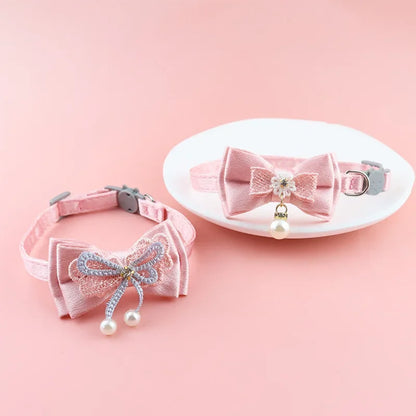 Pink Lace Bow Pet Collar with Beads and Bell for Cats and Dogs
