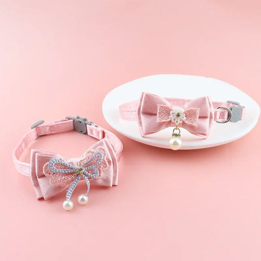 Pink Lace Bow Pet Collar with Beads and Bell for Cats and Dogs