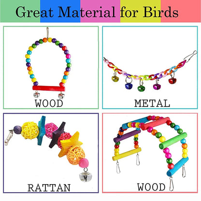 7-Piece Wooden Parrot Toy Set with Swings and Bells