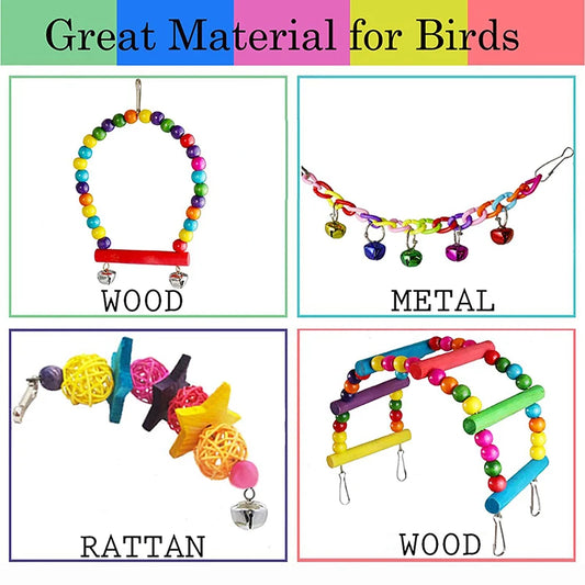 7-Piece Wooden Parrot Toy Set with Swings and Bells