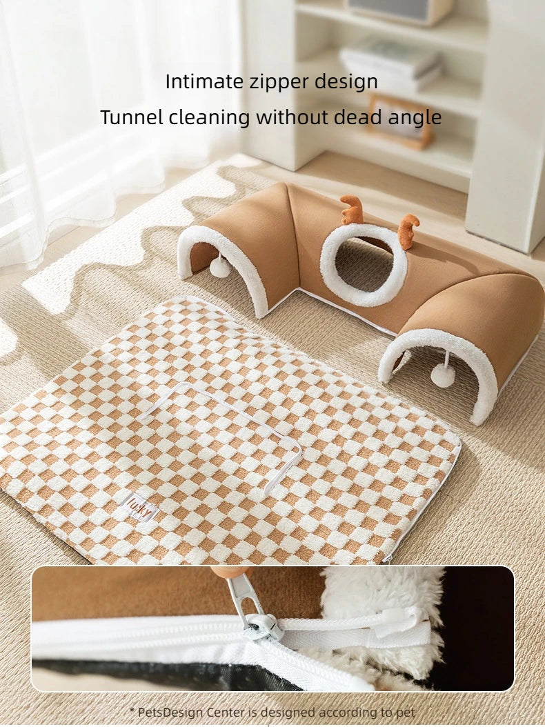 Reindeer-Themed Cat Tunnel Hideaway and Plush Bed