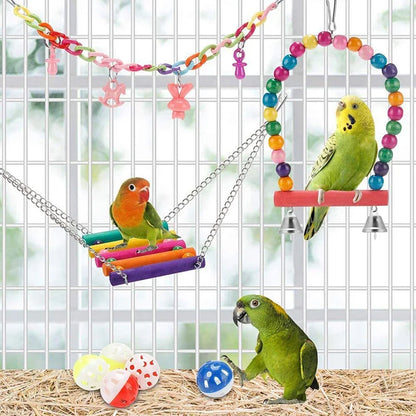 Chewable Wooden Parrot Swing and Toy Set - 11 Pieces