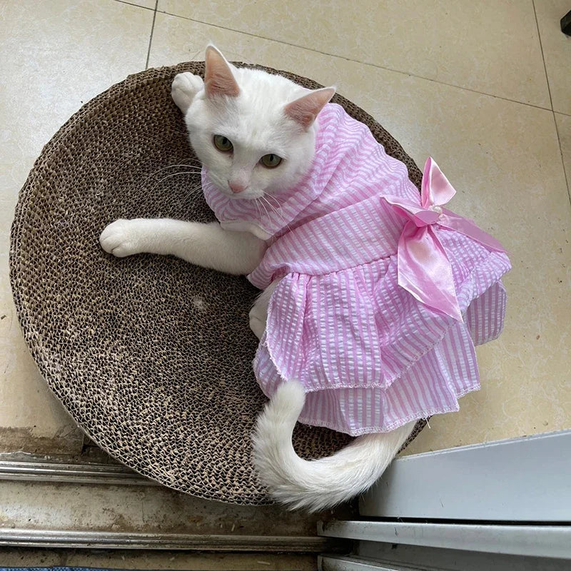 Striped Plaid Dress with Bow for Cats and Small Pets