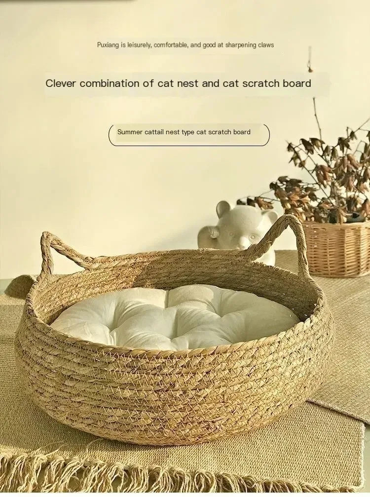 Natural Woven Cat Bed & Washable Heating Pad for All Seasons